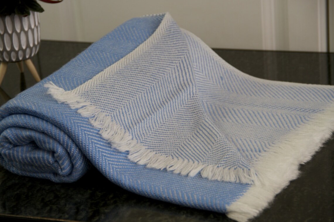Cashmere Herringbone Reversible Blanket Handwoven Sky Blue Etsy