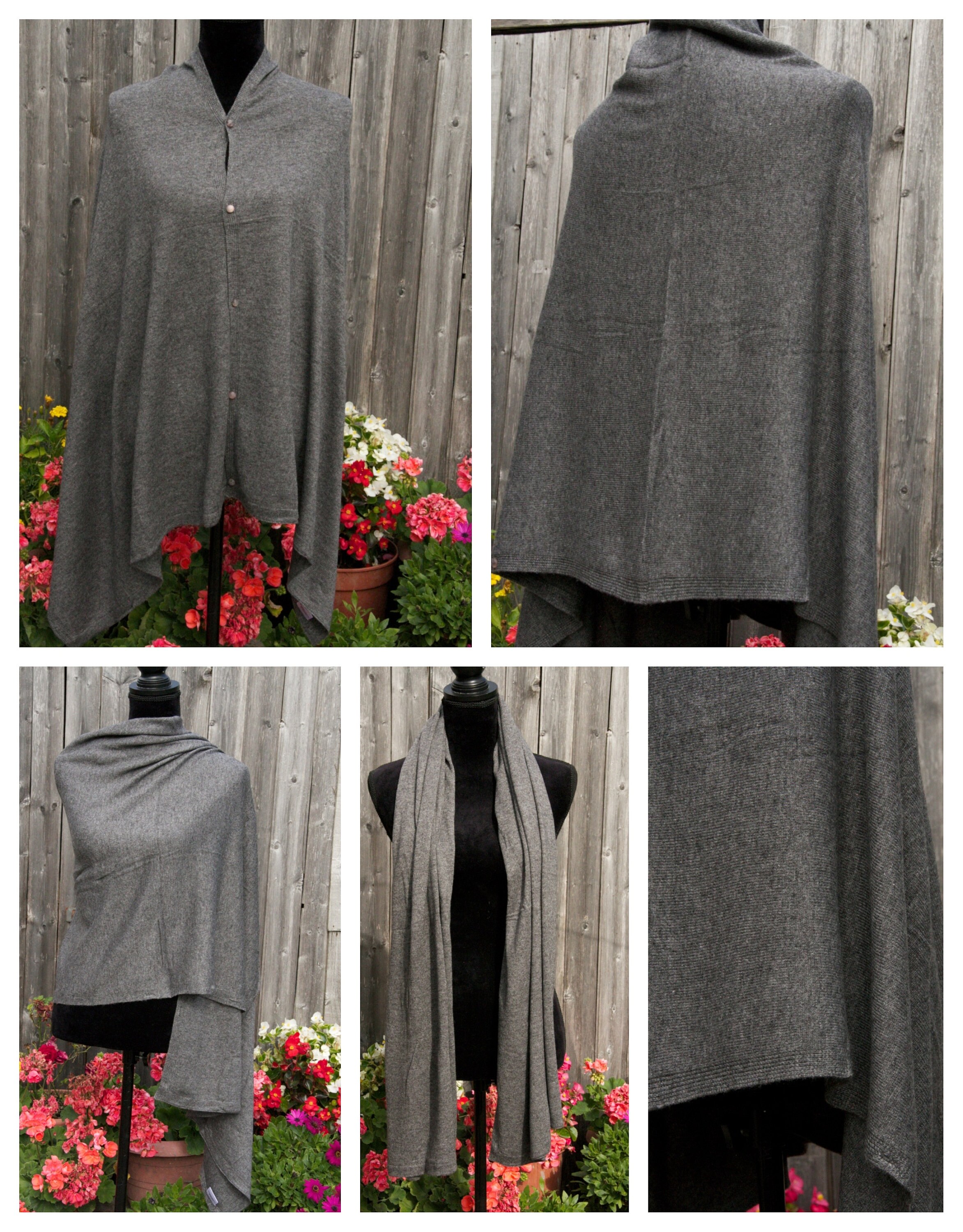 Image of Dark Grey Cashmere Wrap Poncho Buttoned Wool Cape Ladies Pashmina Shawl Scarf Warm Handwoven Nepal