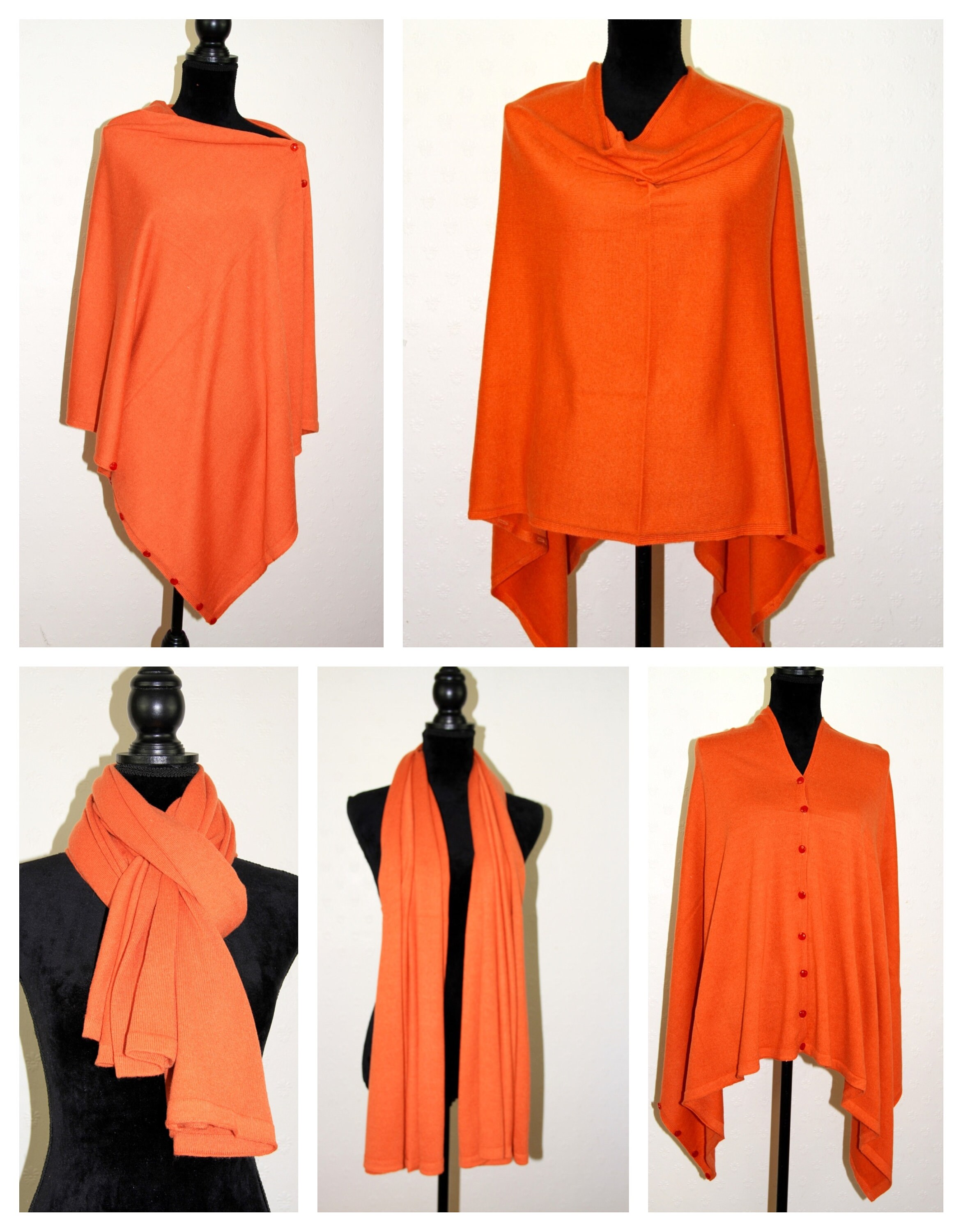 Image of Ladies Cashmere Cardigan Cape Wrap Poncho Scarf Shawl Pashmina Elegant Button Orange