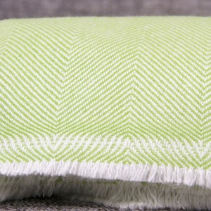 May include: A green and white herringbone throw blanket with a fringed edge.