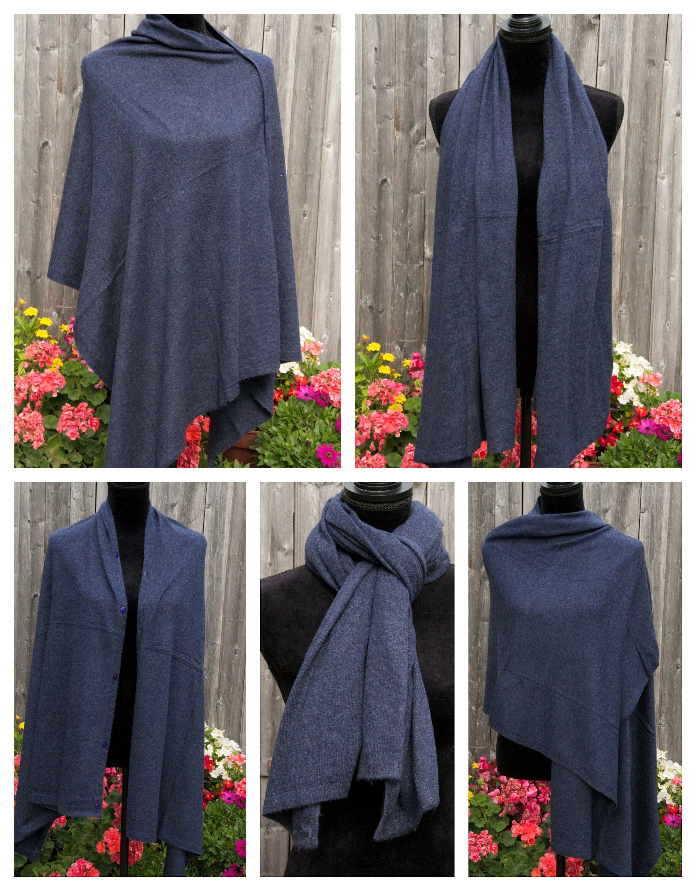 Image of Denim Blue Cashmere Poncho Wrap Cape Ladies Pashmina Wool Shawl Scarf Warm Handwoven Nepal