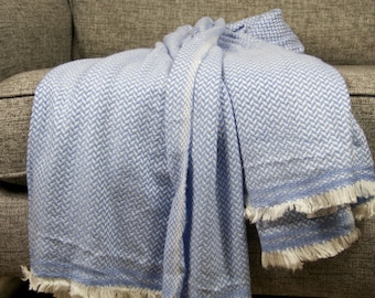 Handmade Himalayan Pashmina Throw Blanket: Sky Blue Chunky Knit Shawl