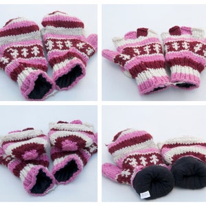 Puede incluir: Par de guantes sin dedos de rayas rosas y burdeos con forro de lana blanca. Los guantes tienen un patrón de árboles estilizados.