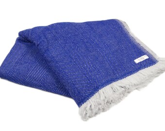 Royal Blue Handwoven Pashmina Wool Throw Cashmere Blend Blanket Scarf Pashmina Large Wrap Reversible Herringbone Sofa Couch Bed Warm