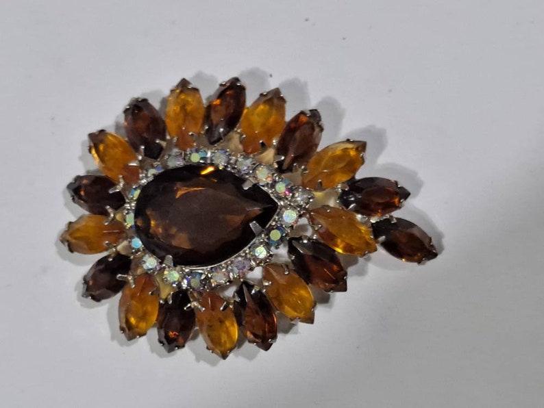 Vintage Amber Rhinestone Glass AB Gold Toned Brooch