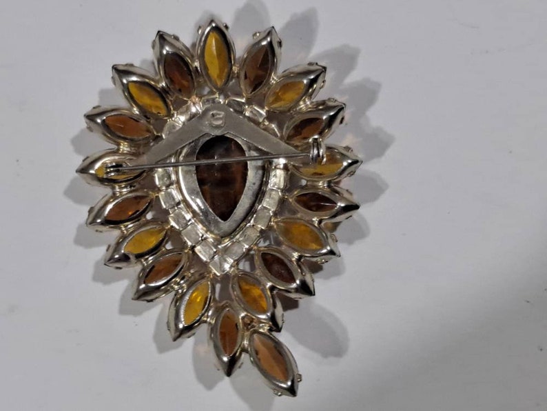 Vintage Amber Rhinestone Glass AB Gold Toned Brooch