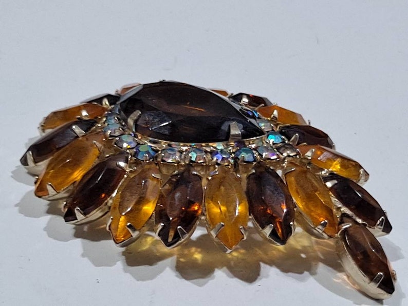 Vintage Amber Rhinestone Glass AB Gold Toned Brooch
