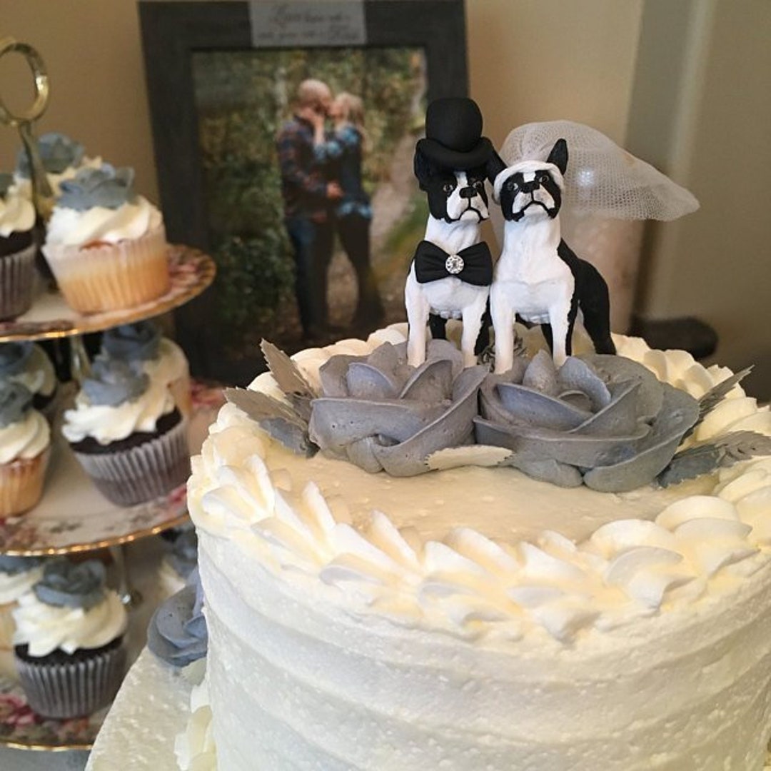 Boston Terrier Wedding Cake Toppers; Bride and Groom; Dogs; Rustic