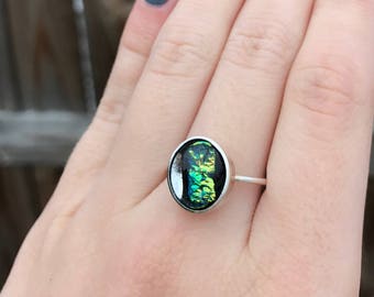 Green Dichroic Glass Ring. Glass Jewelry. Sterling Silver Ring. Fused Glass Jewelry. Size 9.5