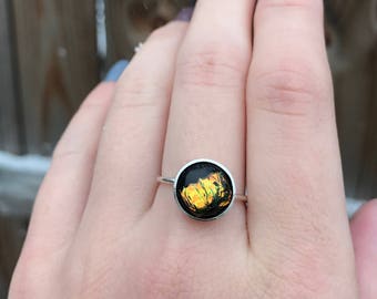 Dichroic Glass Ring. Single Stone Ring. Fused Glass. Glass Jewelry. Orange Glass. Sterling Silver Ring. Size 7.5