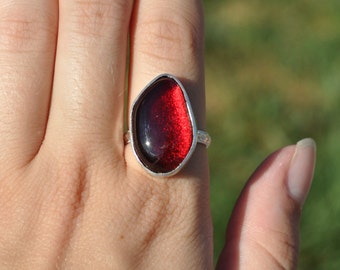 Red Flame Glass Ring. Hand Cut Glass Ring. Sterling Silver Statement Ring. Size 8.5