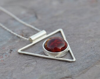 Red and Orange Glass. Sterling Silver Triangle Necklace. Pendant Necklace. Fused Glass. 18" Diamond Cut Chain.