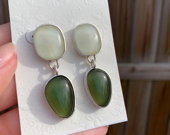 Two Piece White and Green Earrings - Fused Glass Earrings - Statement Earrings