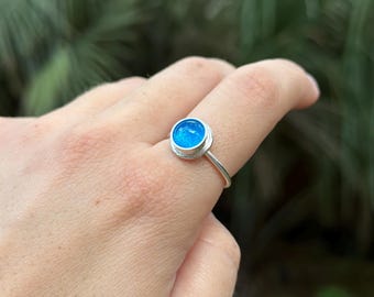 Light Blue Peacock Glass Ring - Fused Glass Ring - Single Stone Ring - Size 8.5