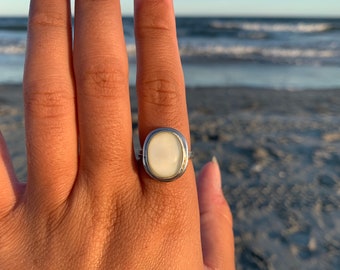 Small White Stone Ring. Fused Glass Ring. Size 8.5