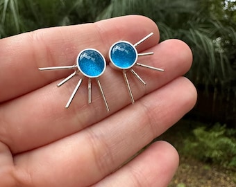 Transparent Blue Starburst Earrings. Retro Earrings