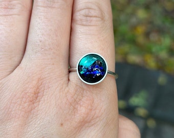 Aqua Dichroic Glass Ring. Blue Ring. Size 8.75