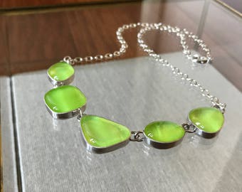 Lime Green Glass Necklace. Fused Glass Necklace. Statement Necklace. Glass Necklace. Sterling Silver Necklace. 14.5" Chain.
