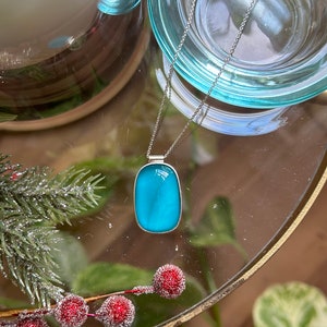 Blue Rectangle Pendant Necklace. Glass Necklace. Blue Necklace