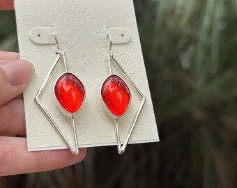 Half Diamond Red Earrings - Fused Glass Earrings - Transparent Glass - Statement Earrings