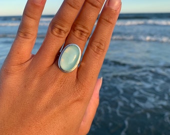 Ocean Blue Ring. Large Oval Ring. Glass Ring. Size 8.