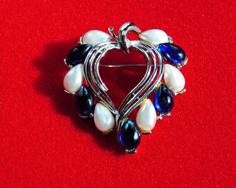 Vintage Brooch - Blue Cabachon - White Pearl - Marked - Costume Jewelry