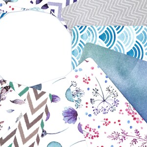 Peut inclure: Un ensemble de feuilles de papier &agrave; motifs dans diff&eacute;rentes nuances de bleu, violet et blanc. Les motifs comprennent des formes g&eacute;om&eacute;triques, des motifs floraux et des &eacute;l&eacute;ments abstraits. Les papiers sont dispos&eacute;s en cercle avec un cercle blanc au centre.