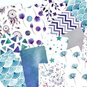 Peut inclure: Un ensemble de 12 cartes &agrave; motifs pr&eacute;sentant divers designs, notamment des attrape-r&ecirc;ves, des fleurs, des formes g&eacute;om&eacute;triques et des &eacute;toiles. Les cartes sont imprim&eacute;es sur du papier blanc avec des motifs de type aquarelle dans des tons de bleu, vert, violet et gris.
