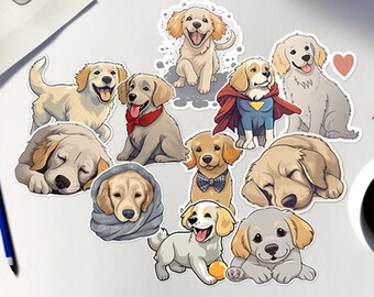 11 autocollants Clipart Golden Retriever, Clipart chien, autocollants de dessin animé, amour mignon, autocollants chiot, art Golden Retriever, Bundle pour animaux de compagnie, impression, PNG