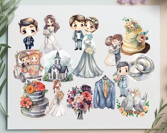 15 aquarelle mariage Clipart autocollants, mariée Clipart, autocollants de dessin animé, amour mignon, robe de mariée, éléments de mariage, marié, imprimable, PNG