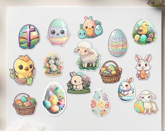Autocollants de dessin animé de Pâques Clipart, 16 fichiers PNG imprimables de dessin animé, Autocollant Clipart, Oeuf de Pâques, Lapin de Pâques, Impression et découpe, Silhouette Cricut