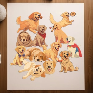 12 Golden Retriever SVGs with Color, Goldie Clipart, Cartoon dog svg file, Puppy stickers, Printable art Download, tshirt design, Pet Bundle
