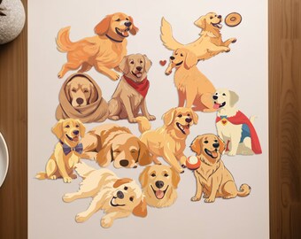 12 Golden Retriever SVG avec couleur, Goldie Clipart, fichier svg de chien de dessin animé, autocollants de chiot, téléchargement d'art imprimable, conception de t-shirt, ensemble d'animaux de compagnie