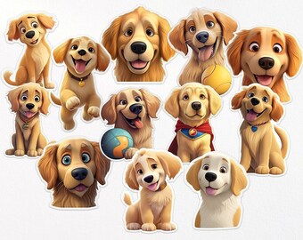 12 Golden Retriever 3D Cartoon Style Clipart, Goldie Clipart, fichier png de chien de dessin animé, autocollants de chiot, chien PNG, téléchargement numérique, Bundle pour animaux de compagnie