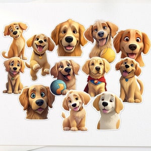 12 Golden Retriever 3D Cartoon Style Clipart, Goldie Clipart, Cartoon dog png file, Puppy stickers, Dog PNG, Digital Download, Pet Bundle
