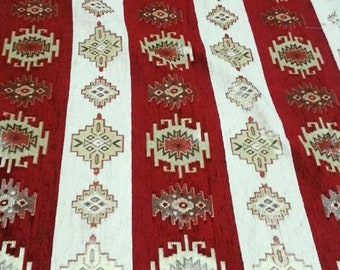 Red Chenille fabric, Jacquard Upholstery Fabric, Geometric Design Kilim Fabric, Ethnic Fabric, Woven Fabric, Turkish Fabric Meter / Yard