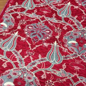 Chenille Jacquard Upholstery Fabric By The Yard, Red Woven Fabric For Sofa Chair Pillow Covers, Floral Textile For Home Decor Projects.
