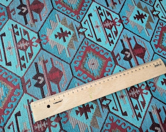 Blue Red Ethnic Tribal Upholstery Fabric, Cotton Woven Tapestry, Aztec Navajo Kilim Textile, Geometric Heavy Fabric By The 5 Meter Yard
