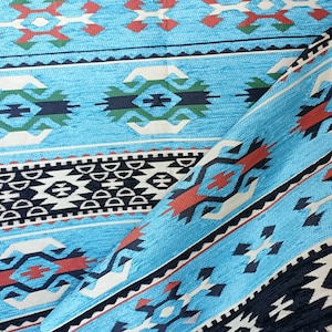 Blue Chenille fabric, Southwestern Cotton  Upholstery Fabric, Geometric  Kilim Fabric, Ethnic Fabric, Woven Turkish Fabric Meter / Yard
