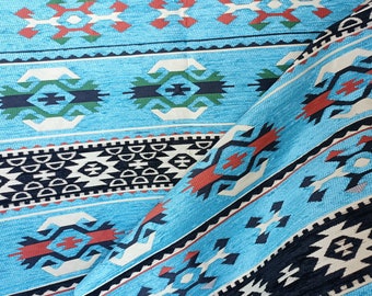 Blue Chenille fabric, Southwestern Cotton  Upholstery Fabric, Geometric  Kilim Fabric, Ethnic Fabric, Woven Turkish Fabric Meter / Yard