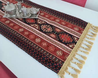 Turkish Kilim Table Runner, Geometric Tapestry 0ttoman, Vintage Decorative Runners, Boho  Chenille Table Runner, Farmhouse,  Christmas Gift