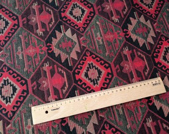 Red Kilim Upholstery Fabric, Geometric Tribal Woven Textile, Farmhouse Boho Decor Fabric, Heavy Tapestry Fabric By The 5 Meter Yard