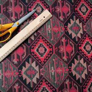 Red Tribal Upholstery Fabric by the Yard, Kilim Aztec Geometric Material for Cushions, Sofa Covers, Pillows, Craft and Home Décor