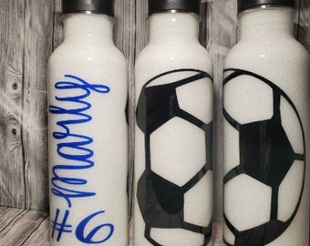 Soccer Glitter Sport Water Bottle. Stainless Steel Cup. Softball Tumbler. Personalized