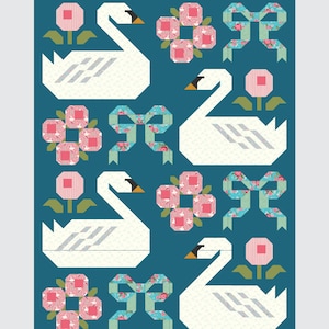 May include: A quilt pattern featuring a teal background with white swans, pink flowers, and blue bows. The pattern is titled "ODETTE" and is labelled as a "throw size quilt".
