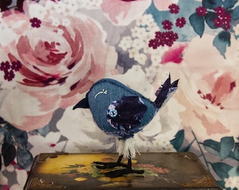 Handmade Silly Little Bird Ornament, Upcycled Soft Sculpture.