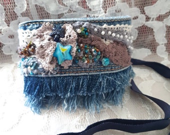 Boho Denim Bracelet, Seascape Cuff Bracelet, Beaded Wearable Textile Art, Handmade OOAK