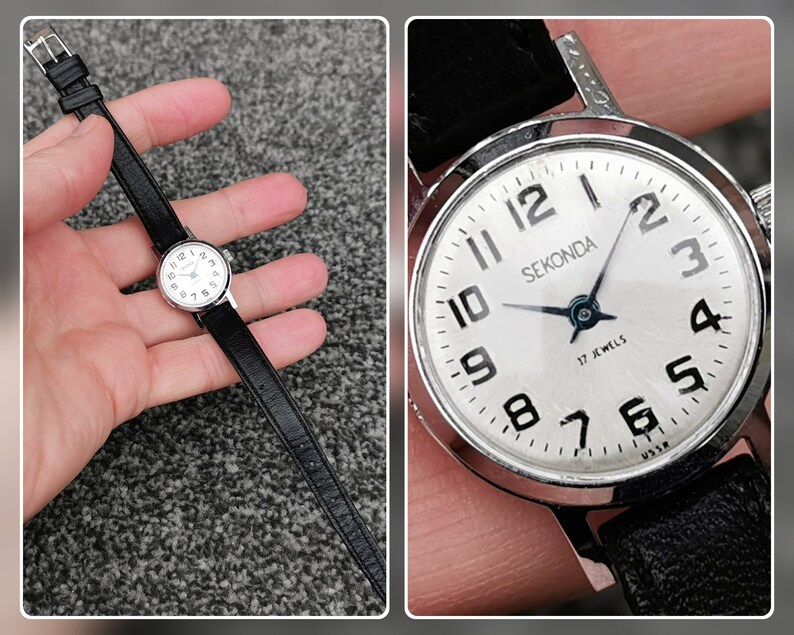 Vintage Sekonda horloge uit de jaren 70, 17 juwelen ronde geborstelde zilveren wijzerplaat lederen band afbeelding 1