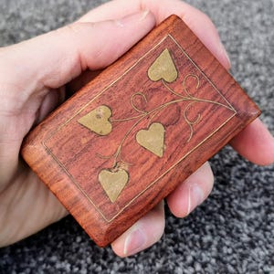 Vintage Snuff Box, 3&quot; Long, Hardwood with Brass Hearts Vine Inlay, Handmade