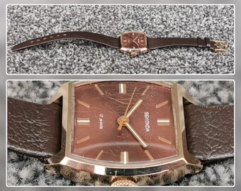 Sekonda Vintage jaren 1970 handopwindhorloge 17 juwelen kussen koperkleurige wijzerplaat, bruin lederen band